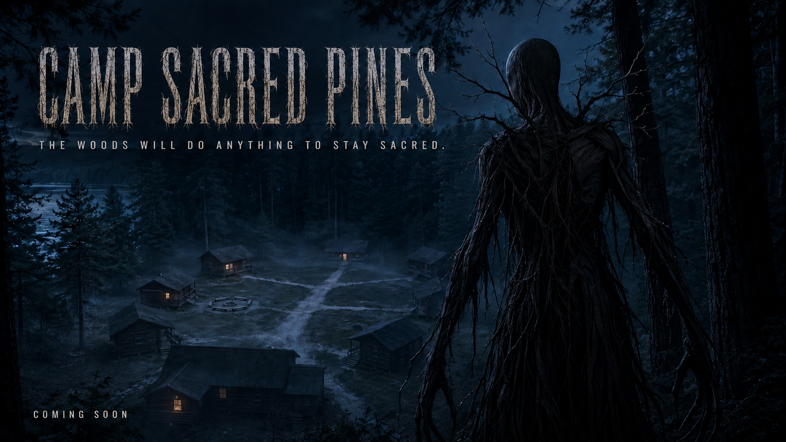 Camp Sacred Pines teaser poster. A moonlit forest overlooks a remote cabin camp while a towering figure made of roots and branches watches from the trees.